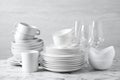 Set of clean dishware on table Royalty Free Stock Photo