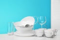 Set of clean dishware on table Royalty Free Stock Photo