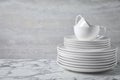 Set of clean dishware on table. Space for text Royalty Free Stock Photo