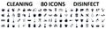 Set 80 clean and disinfect icons. Cleaning and sanitizer products, clean surfaces, hands - vector