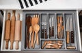 Set of clean kitchen utensils in drawer Royalty Free Stock Photo