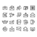 Set of 20 clean line vector icons related to mail, post, and communication. Includes envelope, mailbox, stamp, and email symbols. Royalty Free Stock Photo