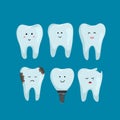 Set of clean and sick dental characters on blue background, teeth whitening. Dental health concept. flat Oral care, teeth