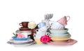 Set of clean tableware with flowers on white background Royalty Free Stock Photo