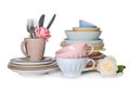 Set of clean tableware with flowers on white background Royalty Free Stock Photo