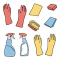 Set of cleaning equipment in doodle style. Cleaning line icons. A line of hand-drawn equipment, cleaning products and Royalty Free Stock Photo