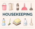 Set of cleaning icons, detergents and tools, lettering housekeeping. Royalty Free Stock Photo