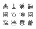 Set of Cleaning icons, such as Water splash, Sponge, Dirty spot. Vector Royalty Free Stock Photo