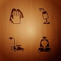 Set Cleaning lady service, , Lawn mower and Vacuum cleaner on wooden background. Vector Royalty Free Stock Photo