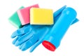 Set of cleaning, rubber glove, sponge, bottle