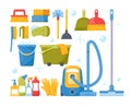 Set of Cleaning Service Equipment, Supplies for Washing Room. Maid Tools, Vacuum Cleaner for Washing and Housekeeping Royalty Free Stock Photo