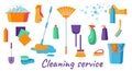 Set of cleaning supplies tools accessories: buckets, tools, brushes, mops, gloves, sponges. Royalty Free Stock Photo