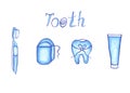 Set for cleaning teeth and mouth. Toothpaste, toothbrush, dental floss, tooth image and lettering. Blue items on a white Royalty Free Stock Photo