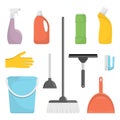 Set of cleaning tools and detergents. Bucket, scoop and brush for sweeping, washing powder, bottle of spray, sponge, brush, glass