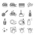 Set of Cleaning Vector Line Icons. Brush, Spray, Bubbles, Clean Surface, Soap and more.