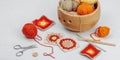 Set of clew of thread for knitting. Crocheted granny squares, handmade, autumn hobby concept