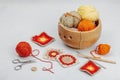 Set of clew of thread for knitting. Crocheted granny squares, handmade, autumn hobby concept