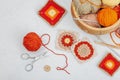 Set of clew of thread for knitting. Crocheted granny squares, handmade, autumn hobby concept