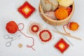 Set of clew of thread for knitting. Crocheted granny squares, handmade, autumn hobby concept