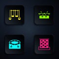 Set Climbing wall, Double swing, Jumping trampoline and Seesaw. Black square button. Vector