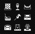 Set Climbing wall, Trash can, Boat swing, Jumping trampoline, Swing, Ferris wheel, Bumper car and Toy horse icon. Vector Royalty Free Stock Photo