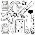 The set for clip art: bag, moon, bawl, pencil, sand watch, brances from plant, cactus, eraser, notebook, a cat and a heart