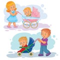 Set clip art illustrations older brother and sister wheeled baby carriage, stroller Royalty Free Stock Photo