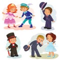 Set clip art illustrations with young children in historical costumes
