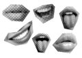 Set clip art Mouth and lips, smile, tongue, dots Punk y2k black and white collage elements