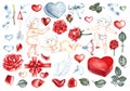 A set of clip art for Valentine's Day or a wedding. Hand-drawn watercolor illustration. Isolates. A design element