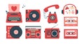 Set of clip arts with retro devices, typewriter, record player, vinyl, headset, earphones, cassette, mixtape, radio. Royalty Free Stock Photo