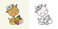 Set Clipart Christmas Giraffe Coloring Page and Colored Illustration. Kawaii Xmas African Animal.