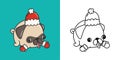 Set Clipart Christmas Pug Dog Coloring Page and Colored Illustration. Kawaii Xmas Dog. Royalty Free Stock Photo