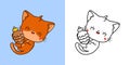 Set Clipart Christmas Red Cat Coloring Page and Colored Illustration. Kawaii Xmas Pet. Royalty Free Stock Photo