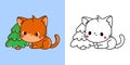 Set Clipart Christmas Red Cat Coloring Page and Colored Illustration. Kawaii Xmas Pet. Royalty Free Stock Photo