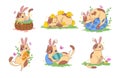 set of clipart with a cute cartoon cat in a bunny costume with Easter attributes. Funny spring character