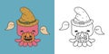 Set Clipart Halloween Octopus Coloring Page and Colored Illustration. Kawaii Halloween Ocean Animal.