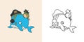 Set Clipart Halloween Whale Coloring Page and Colored Illustration