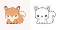 Set Clipart Squirrel Coloring Page and Colored Illustration. Kawaii Isolated Squirrel.