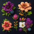 A set of clipart with various flower patterns and colors. On a dark background. Ai Generated