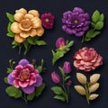 A set of clipart with various flower patterns and colors. On a dark background. Ai Generated