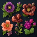 A set of clipart with various flower patterns and colors. On a dark background. Ai Generated