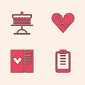 Set Clipboard with checklist, Cake on plate, Broken heart or divorce and Postcard icon. Vector Royalty Free Stock Photo