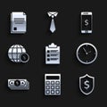 Set Clipboard with checklist, Calculator, Shield dollar symbol, Clock, Stacks paper money cash, Earth globe, Smartphone Royalty Free Stock Photo