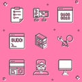 Set Clipboard with checklist, Computer monitor screen, Binary code, Code terminal, Debugging, and Hacker coder icon Royalty Free Stock Photo