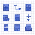 Set Clipboard with checklist, Confirmed document and mark, Fax machine, Plane shield, Torn contract, House, Certificate