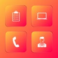 Set Clipboard with checklist, Laptop, Telephone handset and Man headset icon. Vector