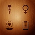 Set Clipboard with checklist, Microphone, Location heart and Female gender symbol on wooden background. Vector