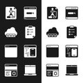 Set Clipboard with checklist, Web development, Flowchart, Search engine, Browser window, Software, Laptop and Debugging Royalty Free Stock Photo