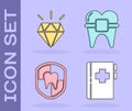 Set Clipboard with dental card, Diamond teeth, Dental protection and Teeth with braces icon. Vector Royalty Free Stock Photo